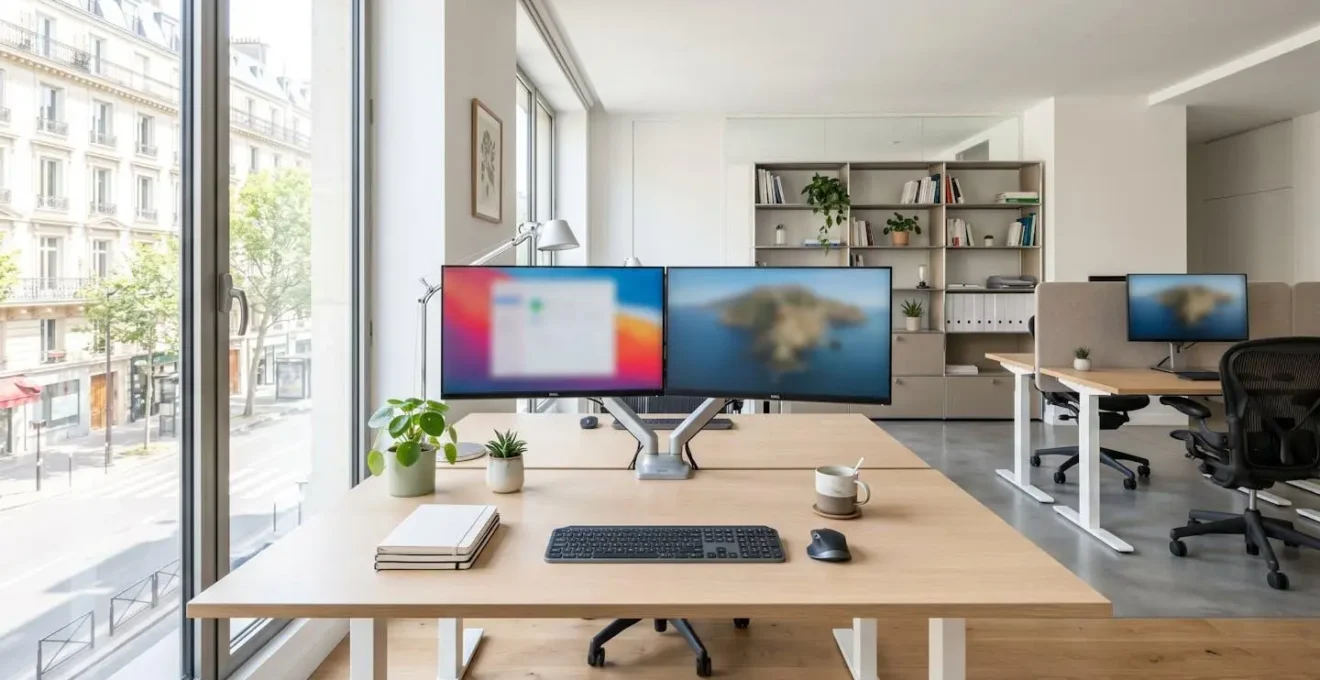 Bureau contemporain vide et organisé avec deux écrans d'ordinateur affichant des tableaux de bord floutés, baigné de lumière naturelle