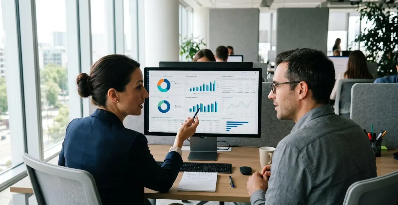 Deux professionnels en réunion de travail examinent ensemble des données financières sur un écran d'ordinateur dans un bureau contemporain lumineux
