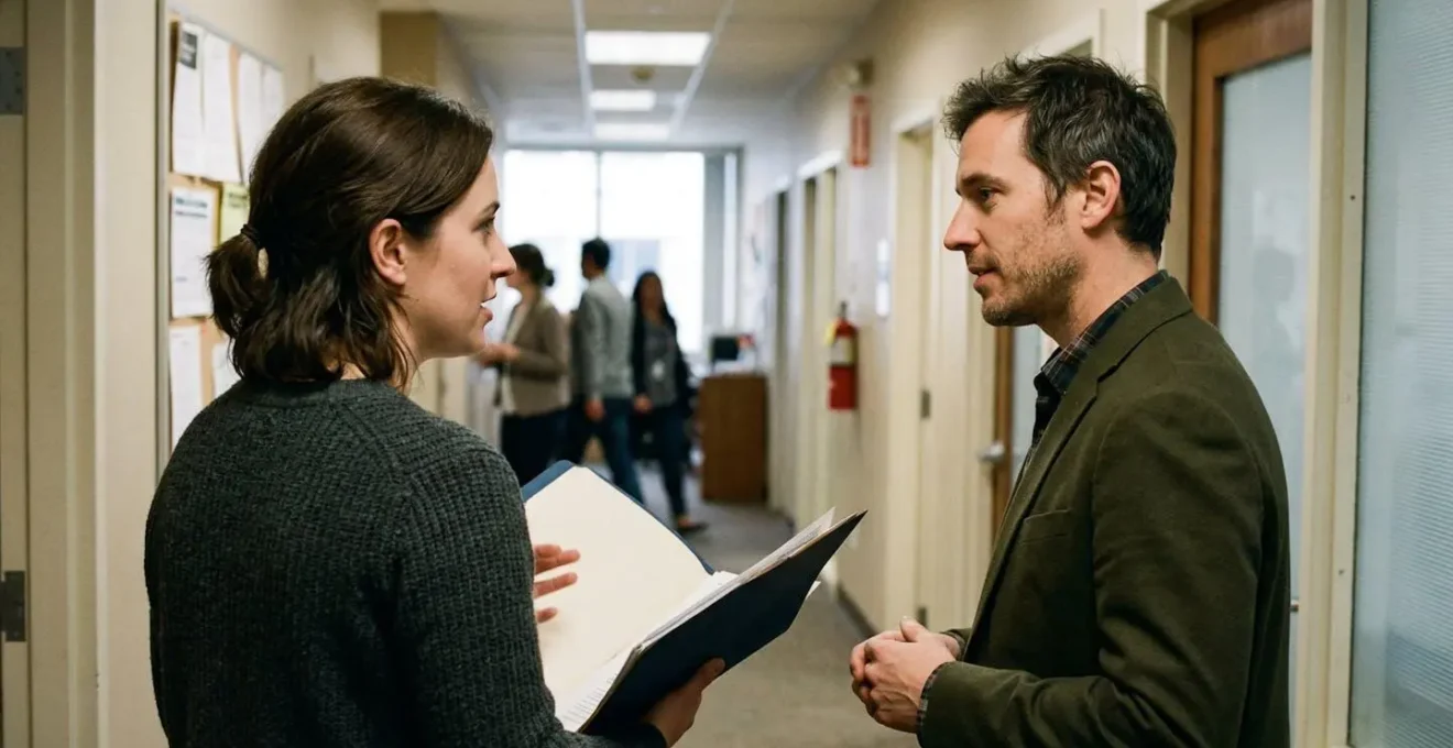 Deux personnes en discussion dans un couloir d'entreprise, l'une tenant un dossier, posture d'écoute active, cadrage de profil
