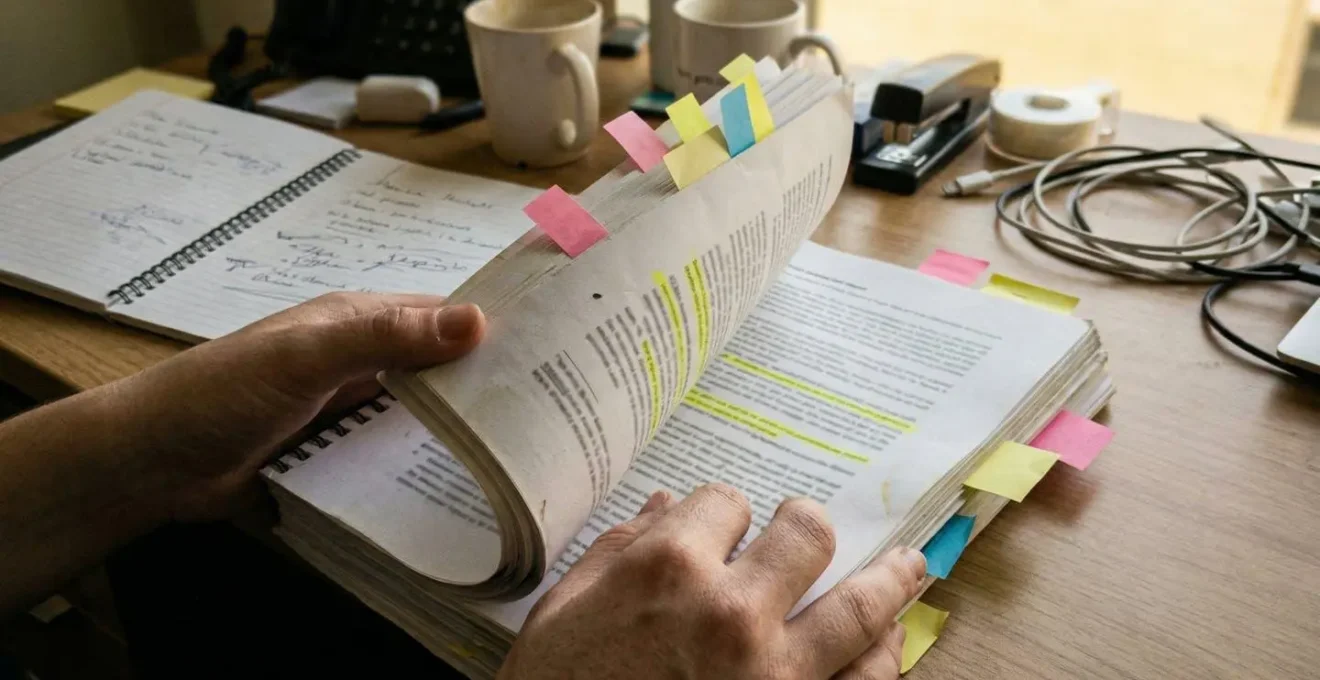 Gros plan sur des mains feuilletant un document épais avec des surligneurs et post-it colorés, bureau encombré visible en arrière-plan