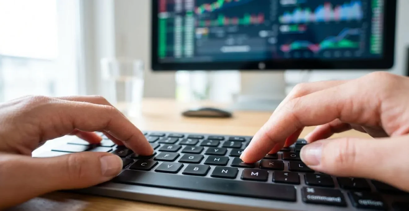Gros plan sur des mains tapant au clavier d'un ordinateur portable avec des graphiques financiers floutés visibles en arrière-plan sur l'écran
