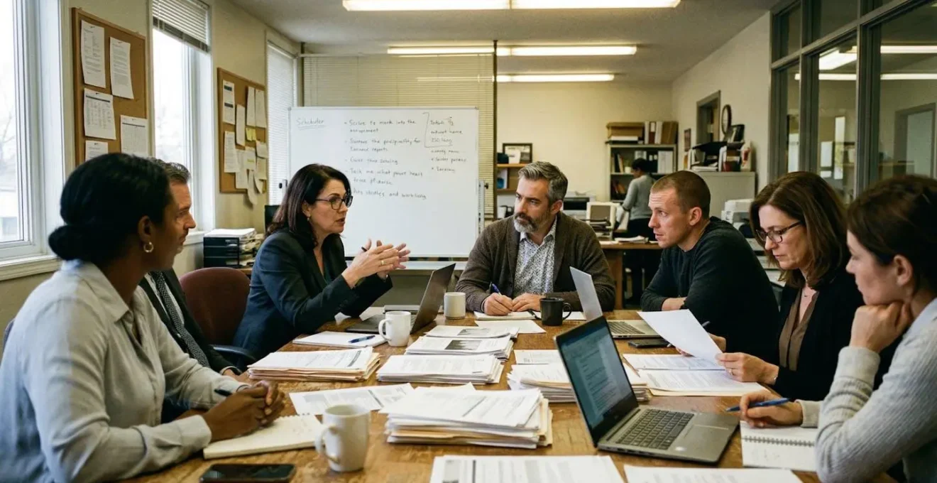Plusieurs personnes assises autour d'une table de réunion couverte de documents, dans une salle de conférence aux lumières tamisées