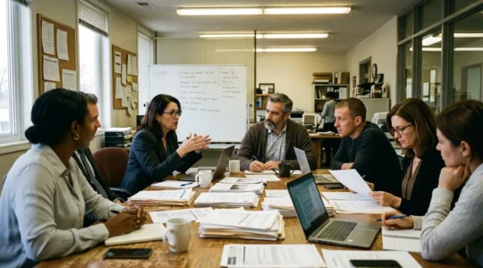 Plusieurs personnes assises autour d'une table de réunion couverte de documents, dans une salle de conférence aux lumières tamisées